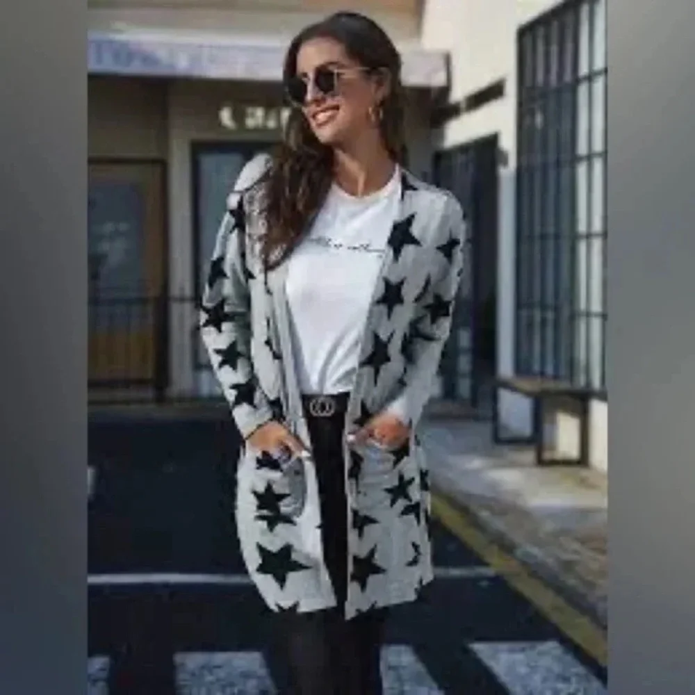 Shein | Five-Pointed Star Pattern Pocket Front Cardigan Longline Small